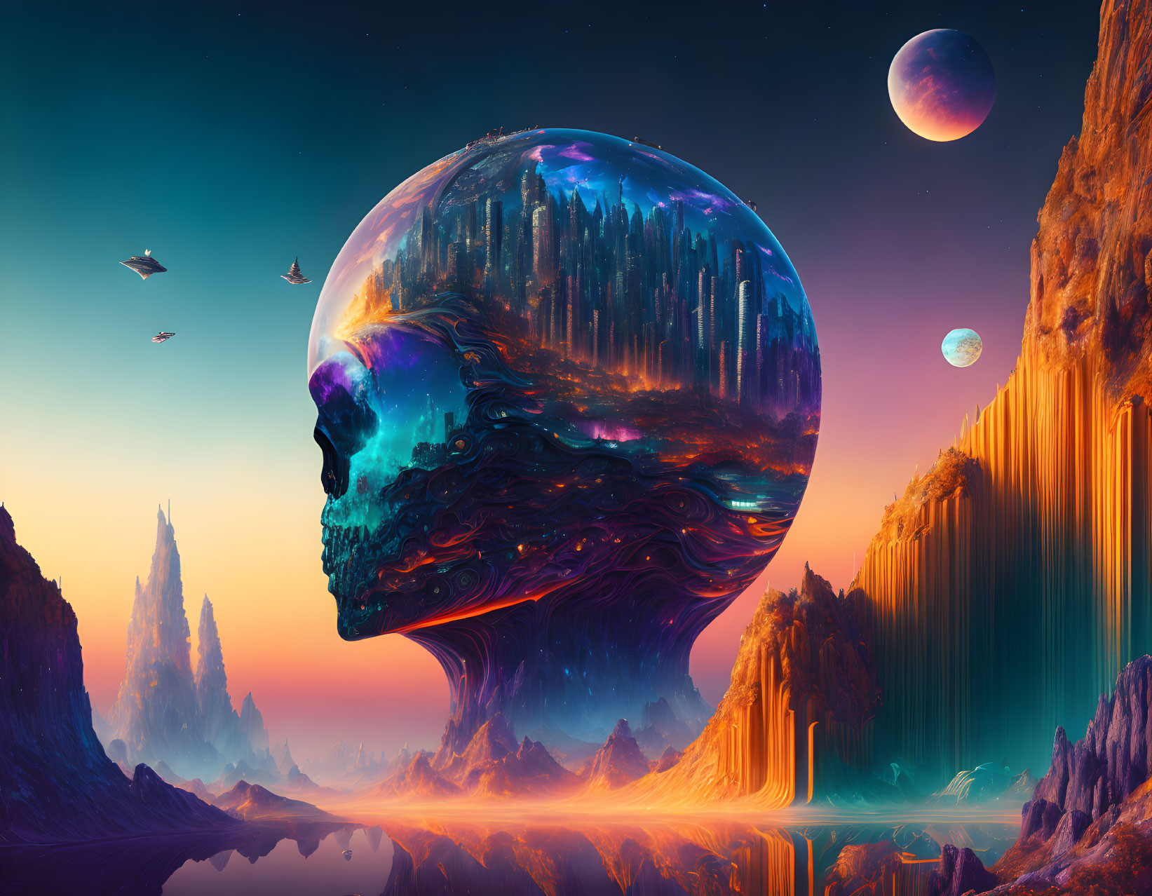 Surreal landscape with giant human head-shaped structure, waterfalls, skies, planets, and birds