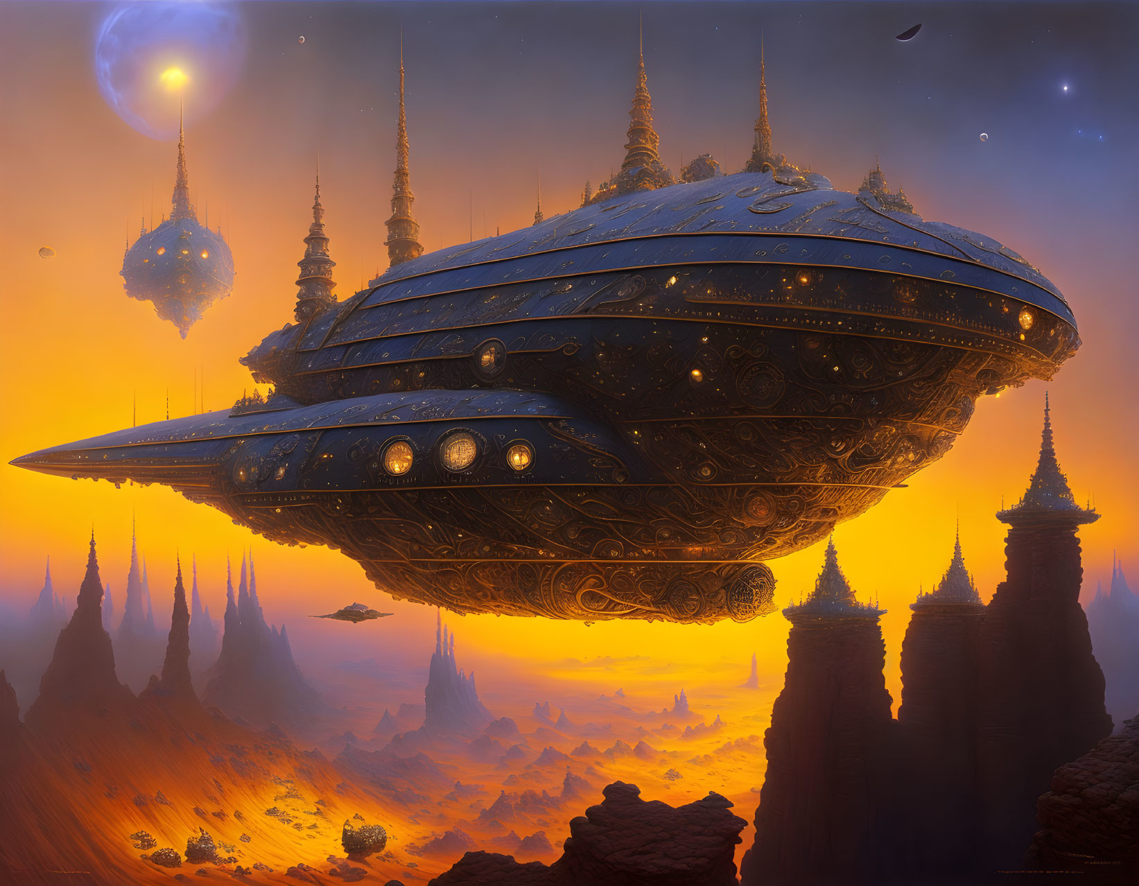 Intricate sci-fi cityscape with ornate spires and hovering spaceship