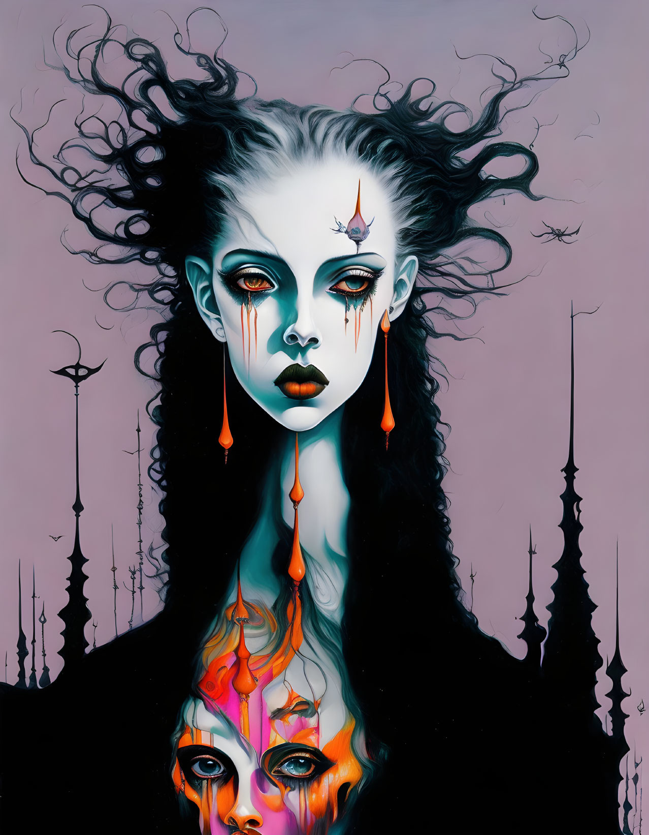 Portrait of woman with black hair, pale skin, third eye, orange tears, fiery pattern