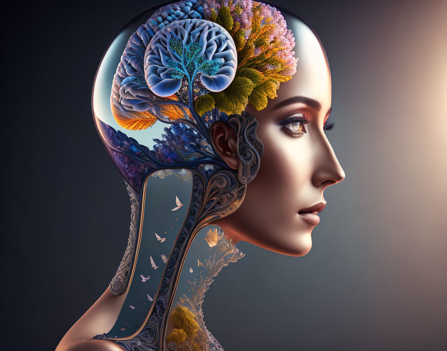 Digital artwork: Woman's profile reveals vibrant ecosystem depicting brain functions