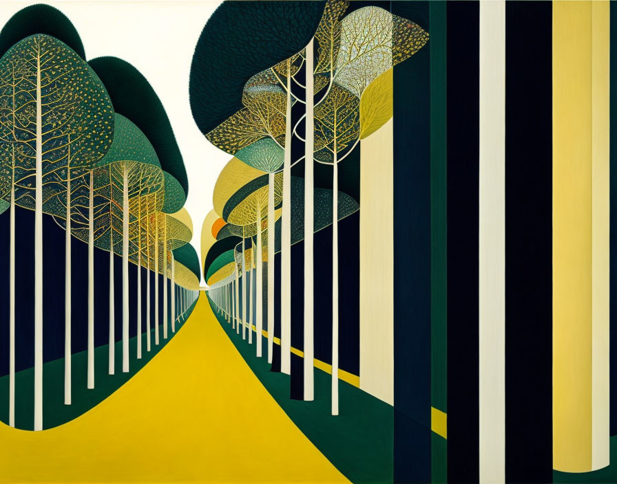 Geometric forest scene with green, yellow, and black trees on a central yellow path