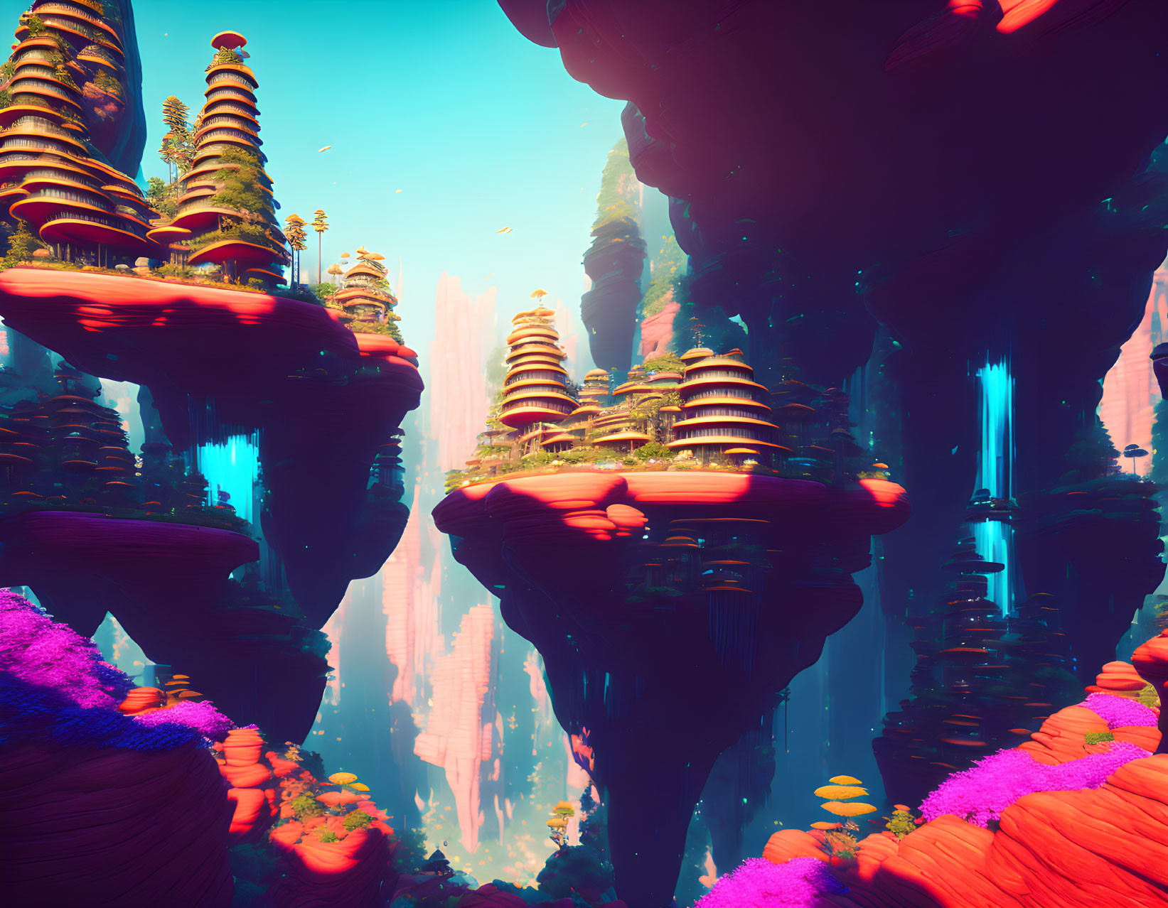 Exotic alien landscape with rock formations, waterfalls, flora, and futuristic buildings