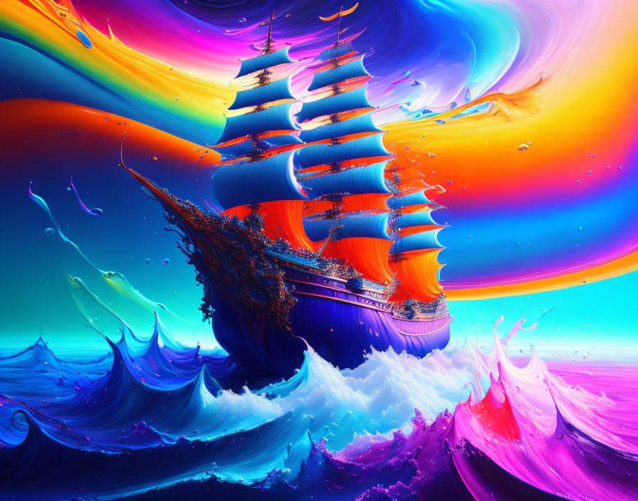 Colorful surreal ship sailing through liquid art swirls