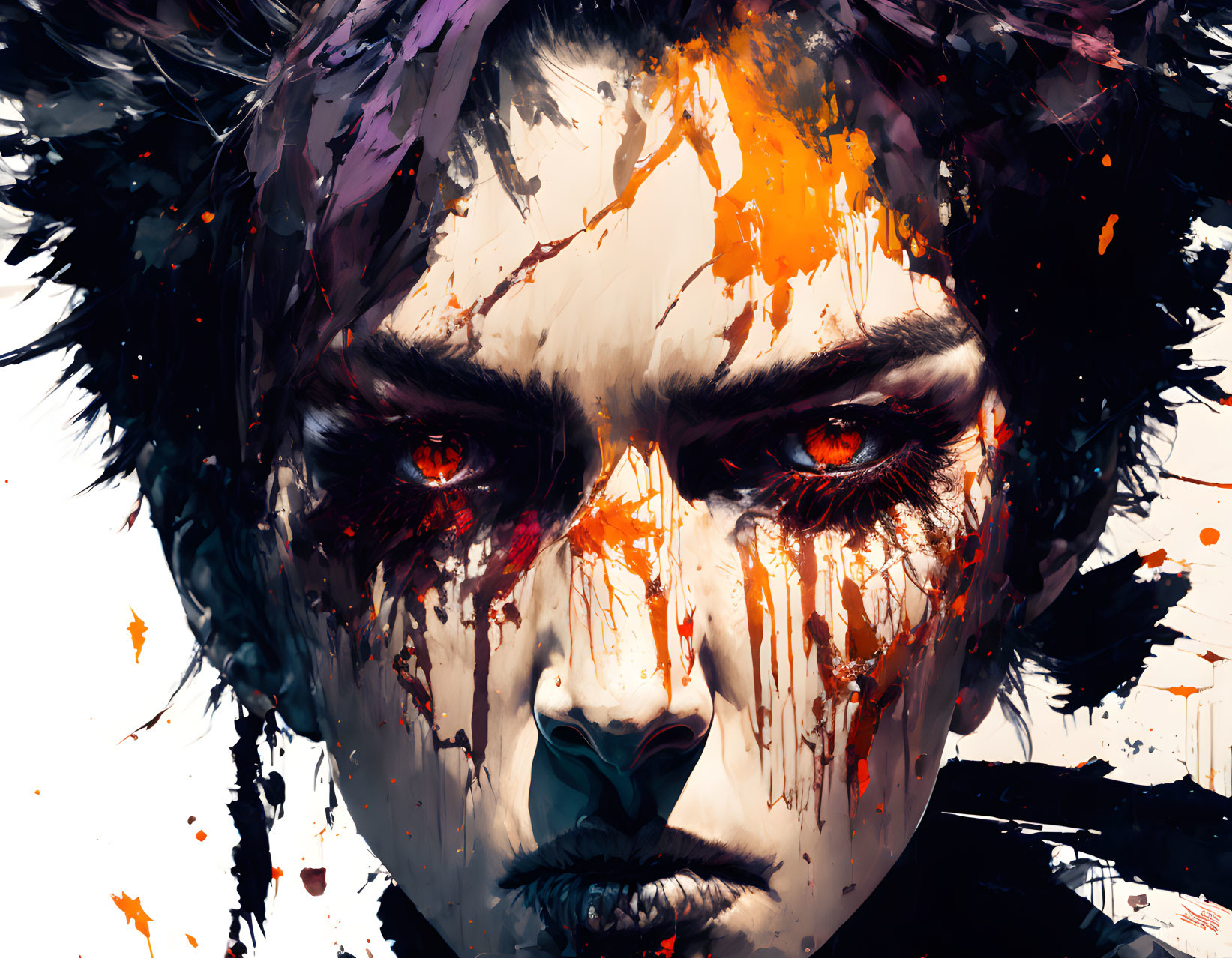 Abstract digital artwork: Intense red-eyed face with black and orange splashes