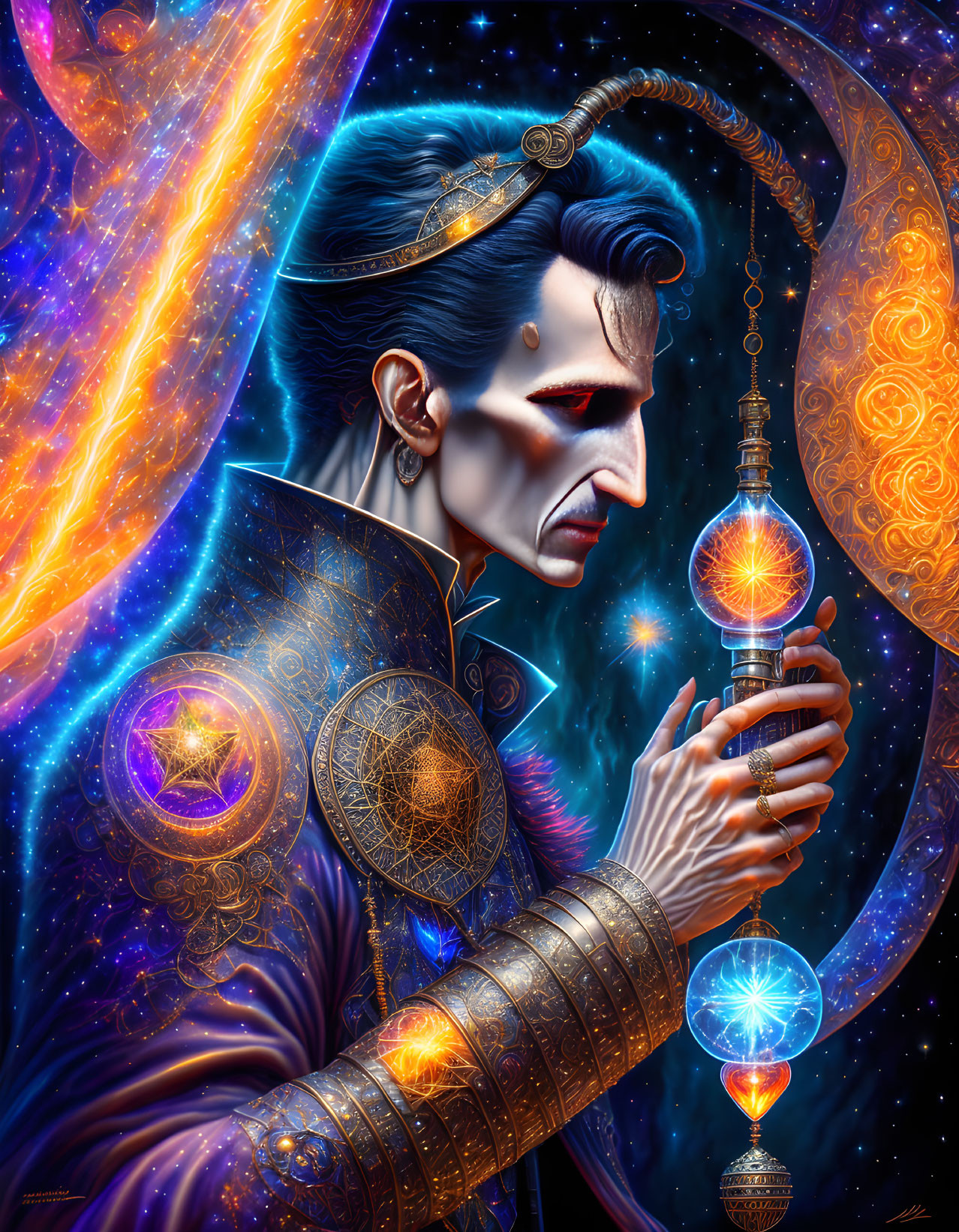 Blue-skinned mystical figure in ornate attire with glowing orb in cosmic setting