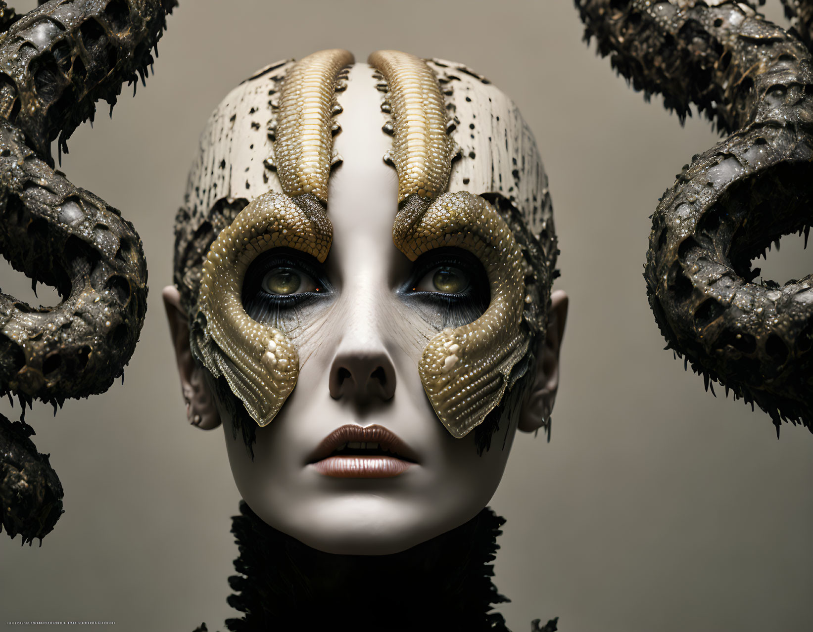 Surreal portrait of a person with octopus-like headpiece and golden facial decorations