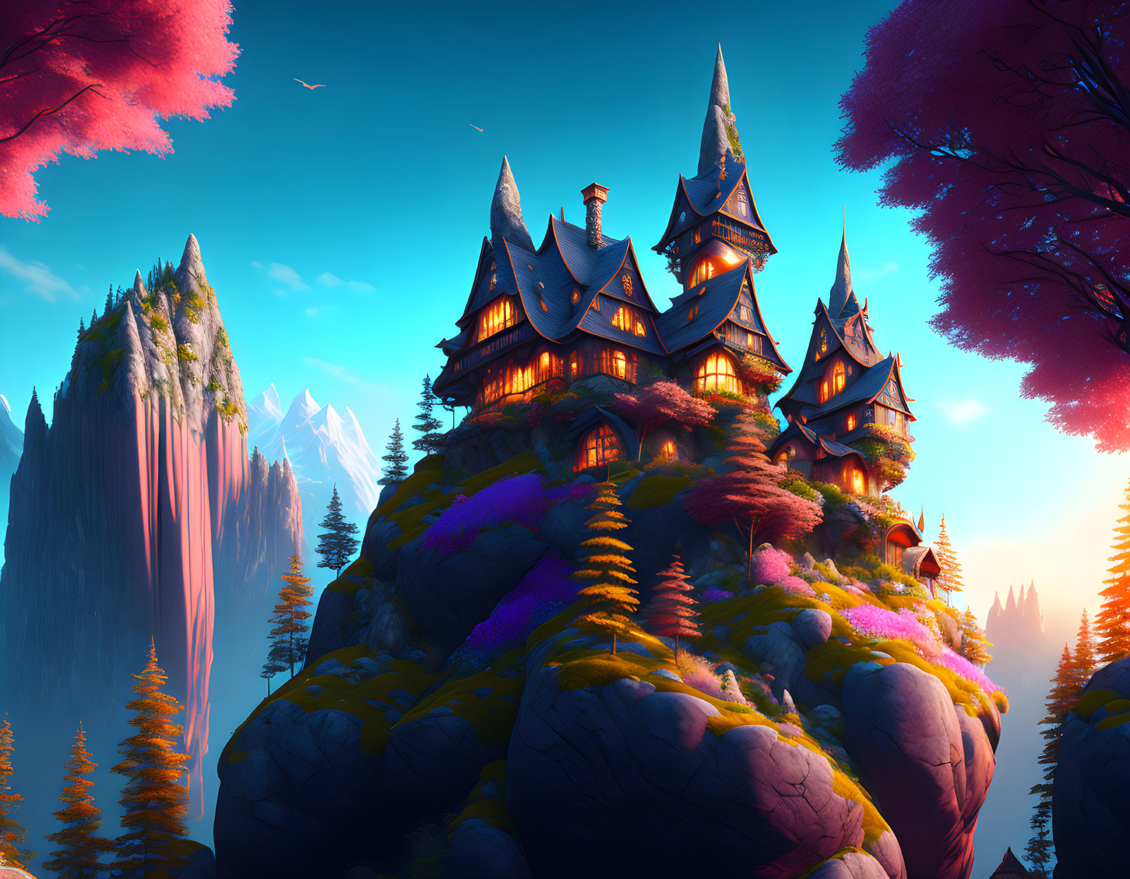 Hilltop castle at sunset with vibrant flora and illuminated windows