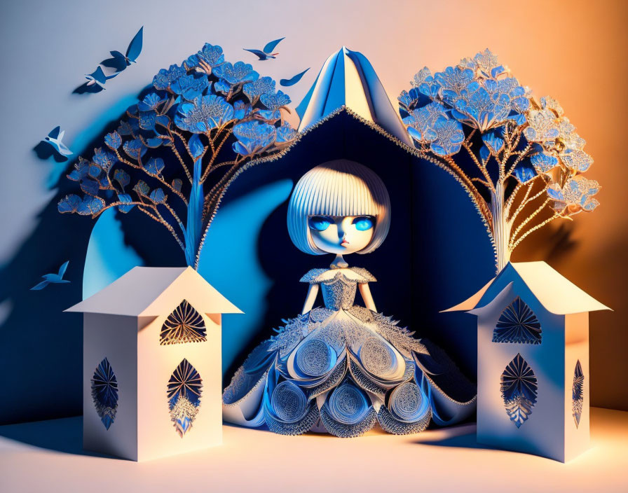 Stylized paper art scene with doll-like figure in voluminous dress, trees, lanterns,