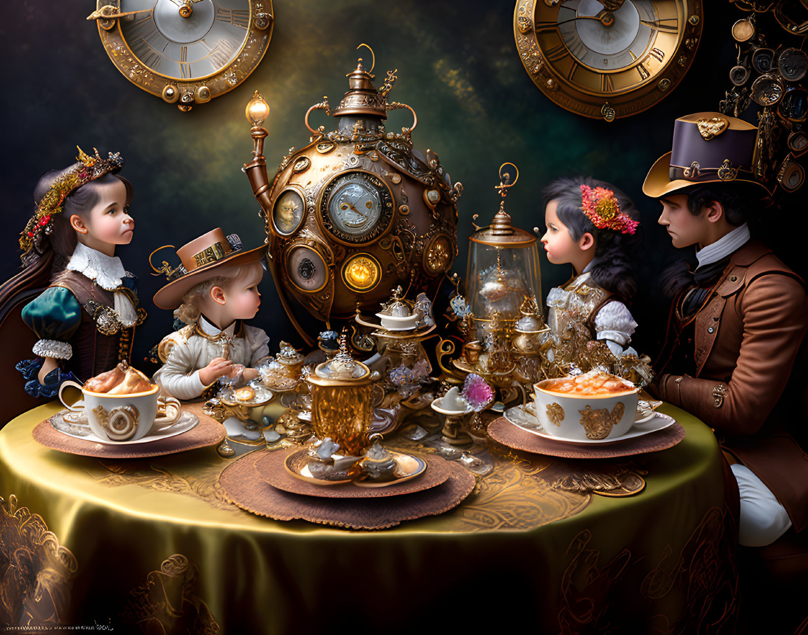 Steampunk tea party with elegant characters and clockwork devices