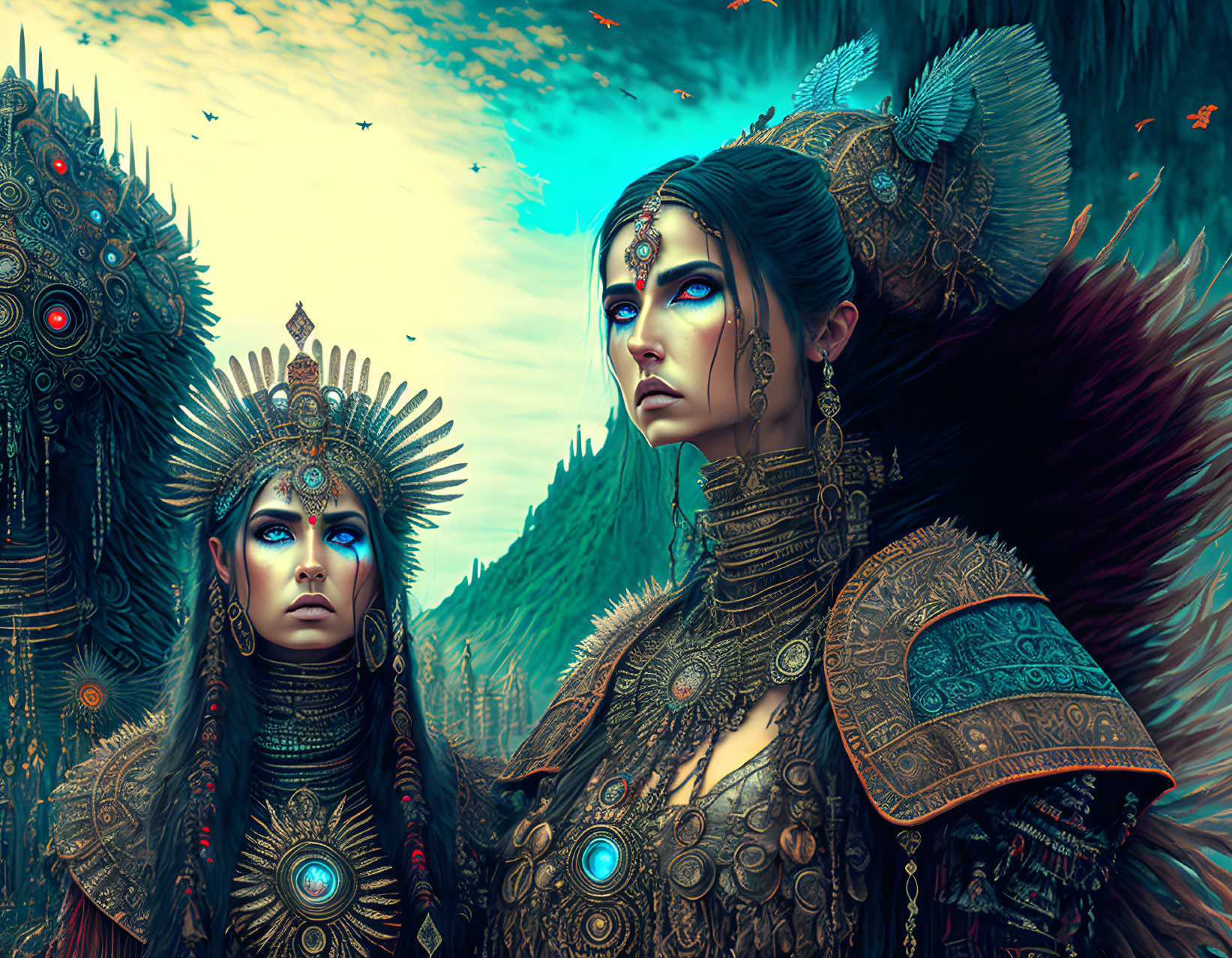 Elaborately dressed female figures in ornate armor amid mystical forest landscape