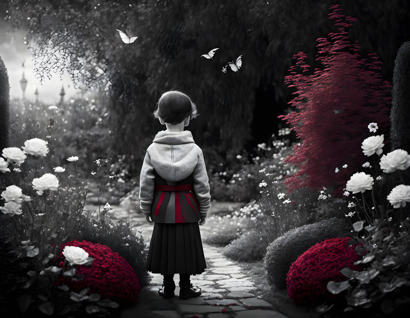 Child in Monochrome Garden with Selective Color Flowers and Butterflies