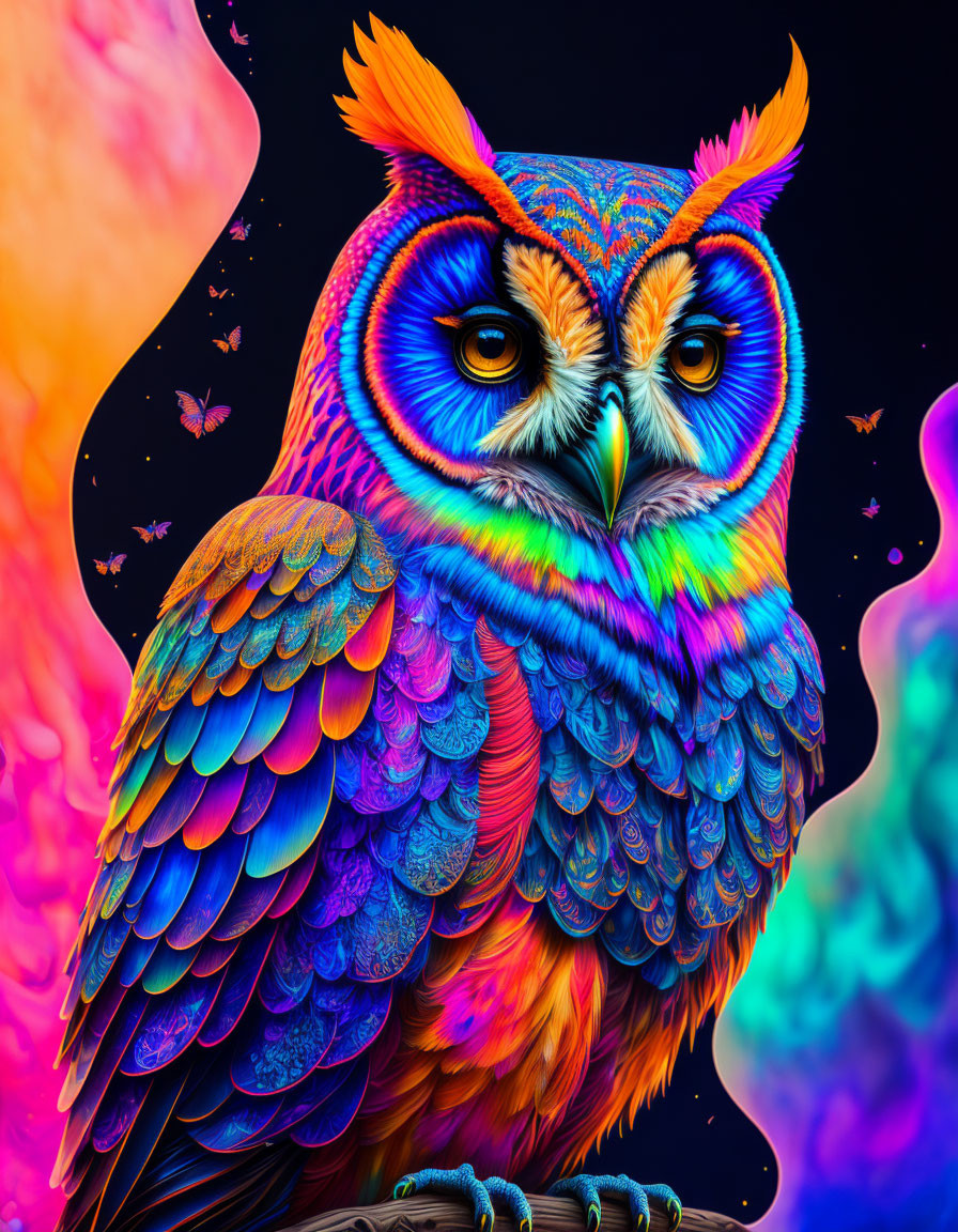 Colorful Owl Artwork on Neon Smoke Background