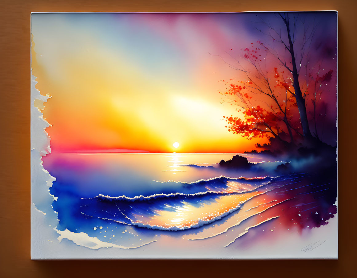 Colorful Sunset Ocean Painting with Silhouetted Trees