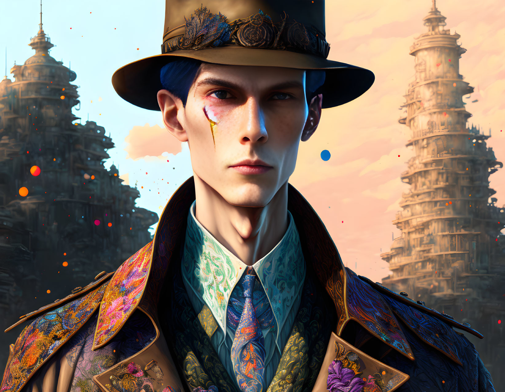 Digital Artwork: Person with Sharp Features in Decorated Hat and Ornate Jacket Against Tower Backdrop