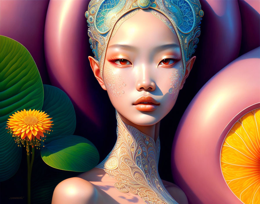 Colorful digital artwork featuring a woman with decorative skin patterns amidst vibrant flora and fruit.