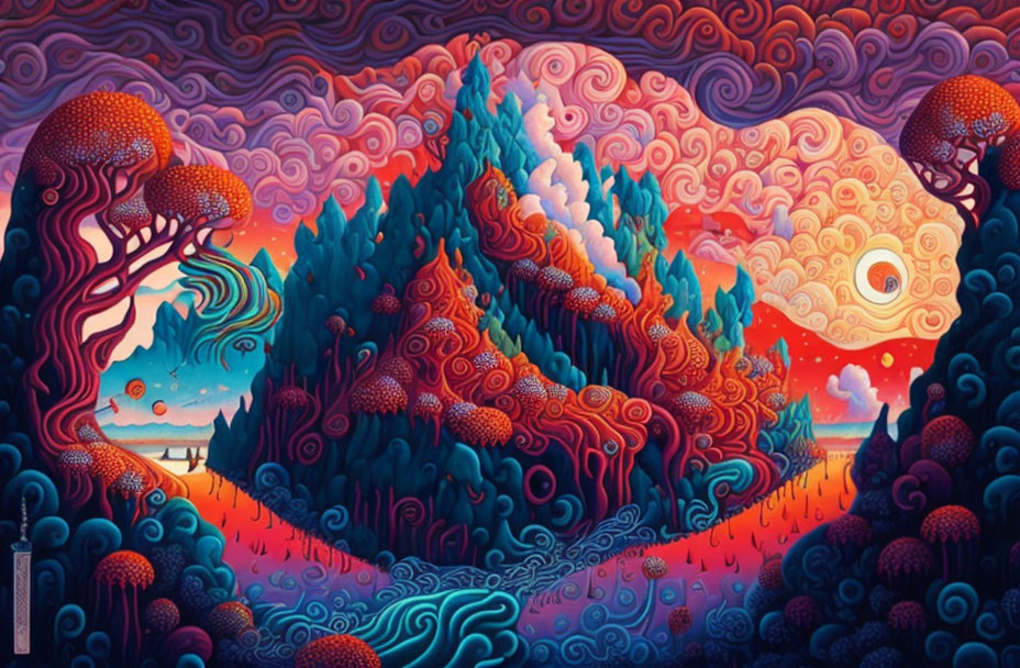 Colorful Psychedelic Landscape with Tree-Like Structures and Eye in Sky