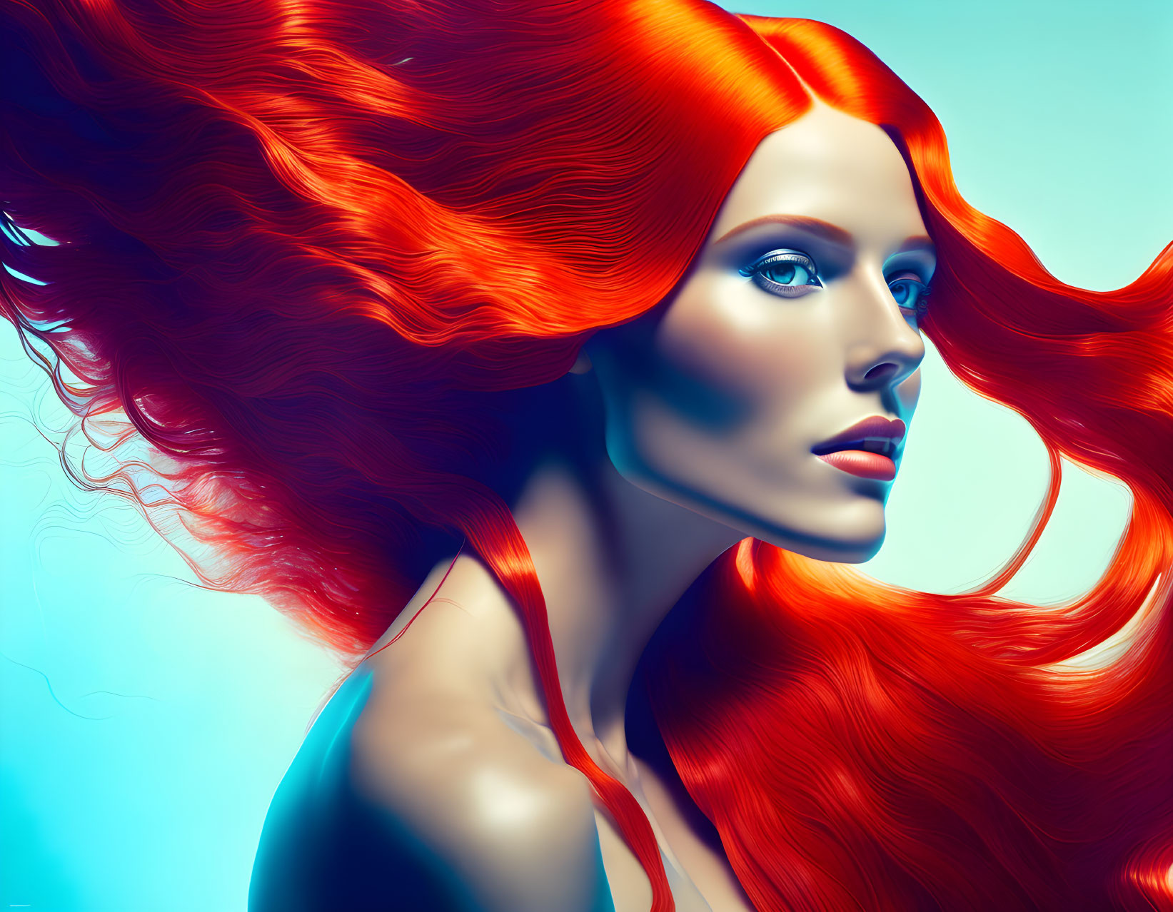 Vibrant red-haired woman in profile against blue background