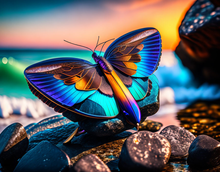 Colorful Butterfly Resting on Pebbles at Sunset