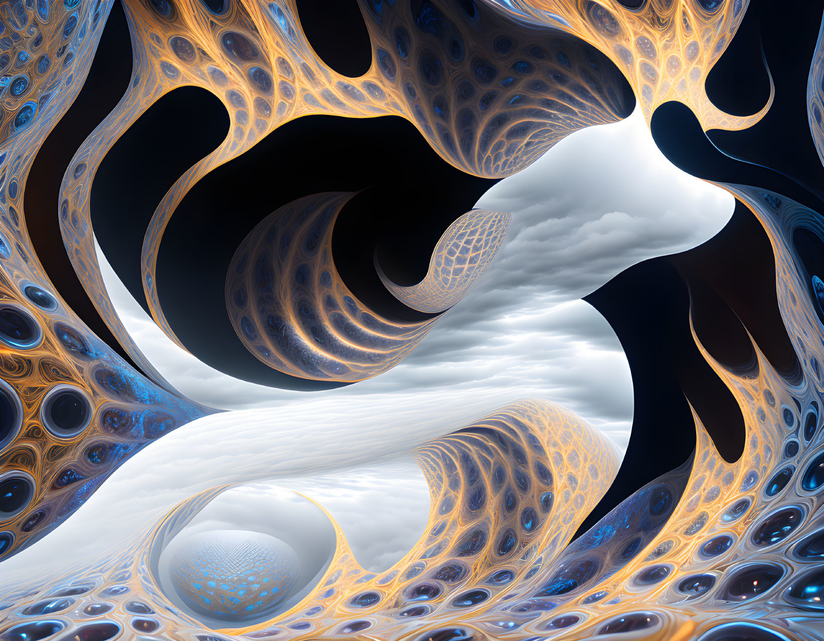 Surreal blue and gold fractal landscape with swirling patterns and sphere