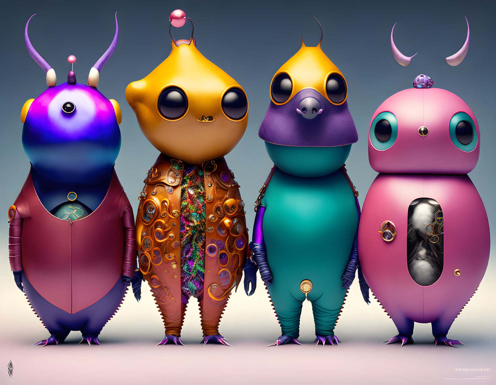 Four colorful cartoon-like alien creatures with antennas in a neutral background