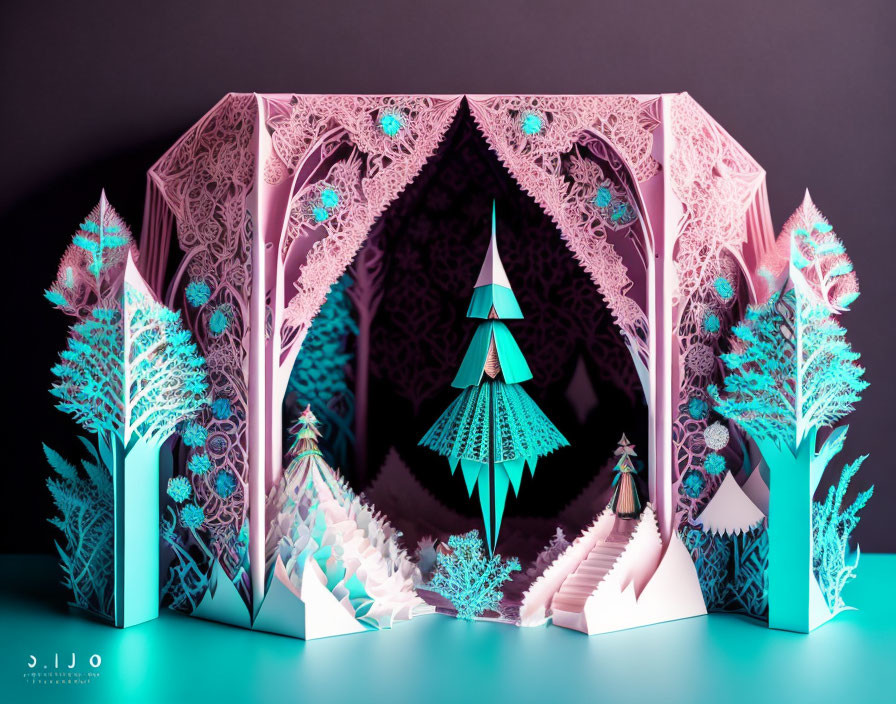 Symmetrical paper art sculpture with pink and teal accents and stylized trees