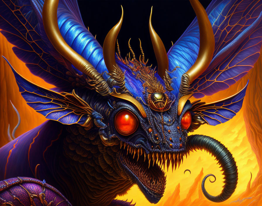 Detailed mythical dragon illustration with blue scales, gold horns, red eyes, and fiery background