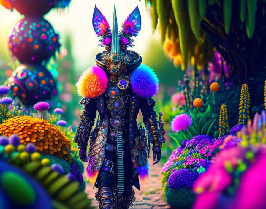 Colorful armored fantasy creature exploring vibrant alien landscape with exotic plants.