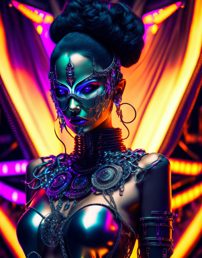 Futuristic woman with metallic ornaments in cyberpunk style