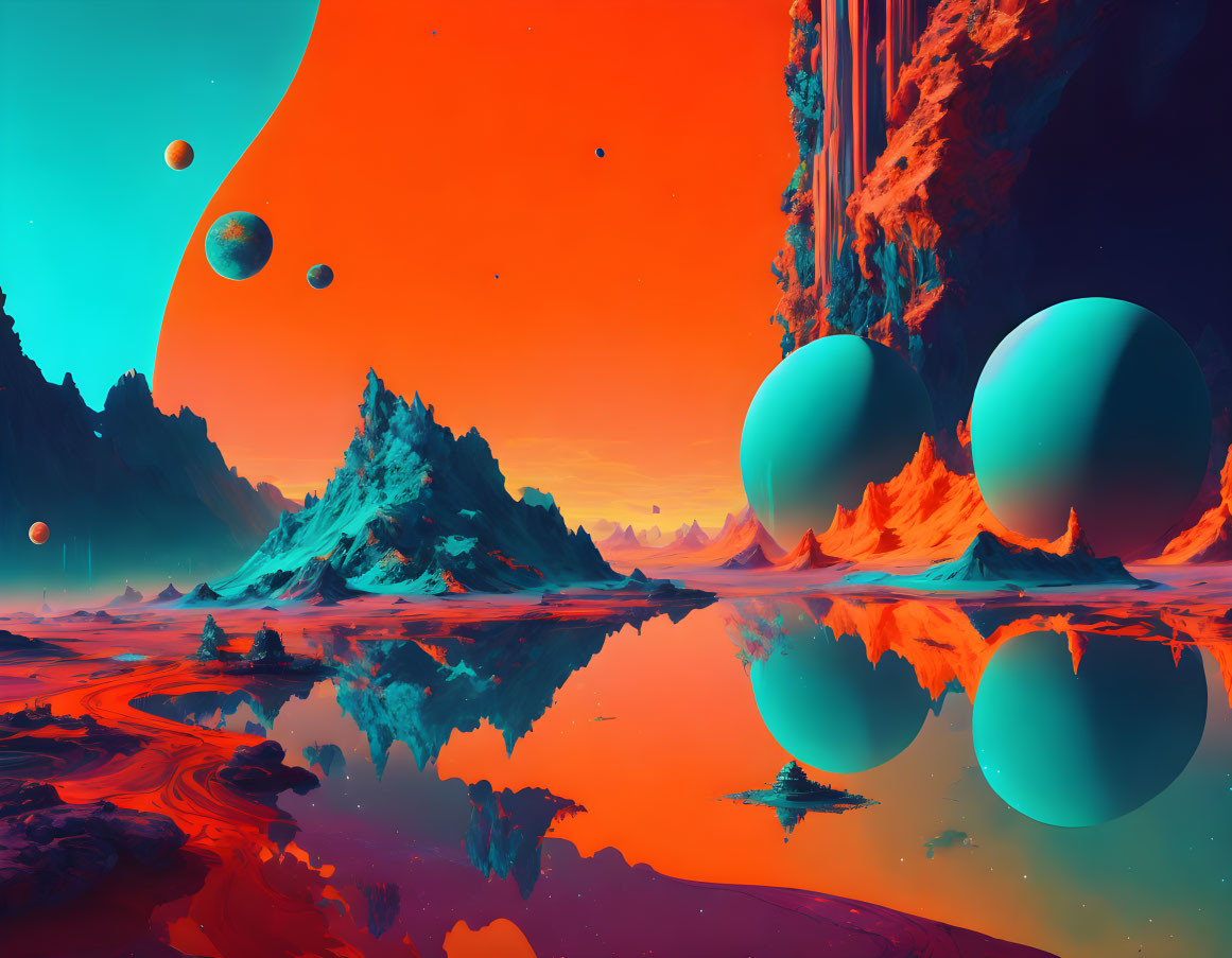 Colorful sci-fi landscape with orange skies, turquoise spheres, blue mountains, and red reflective surface.