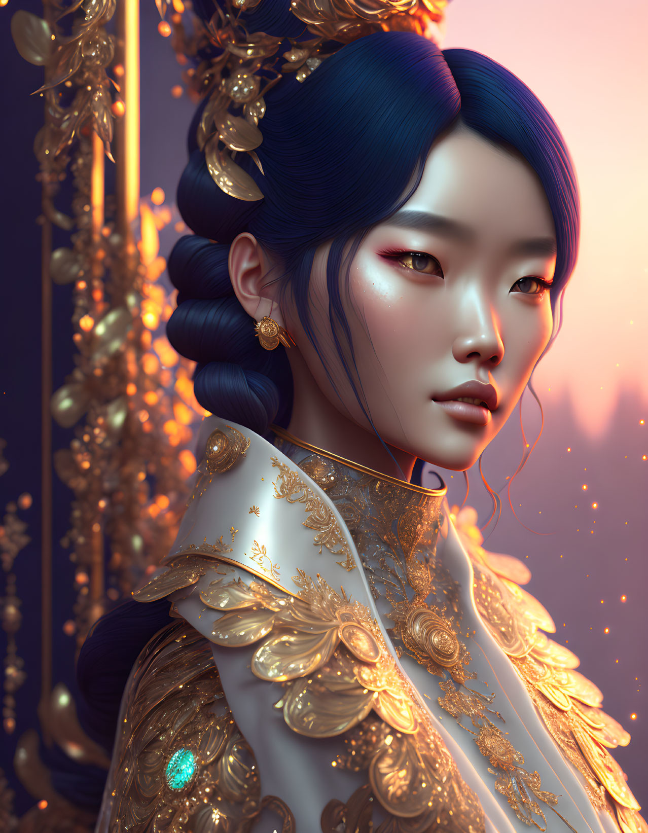 Detailed digital portrait: Woman with blue hair in gold-adorned outfit against warm backdrop