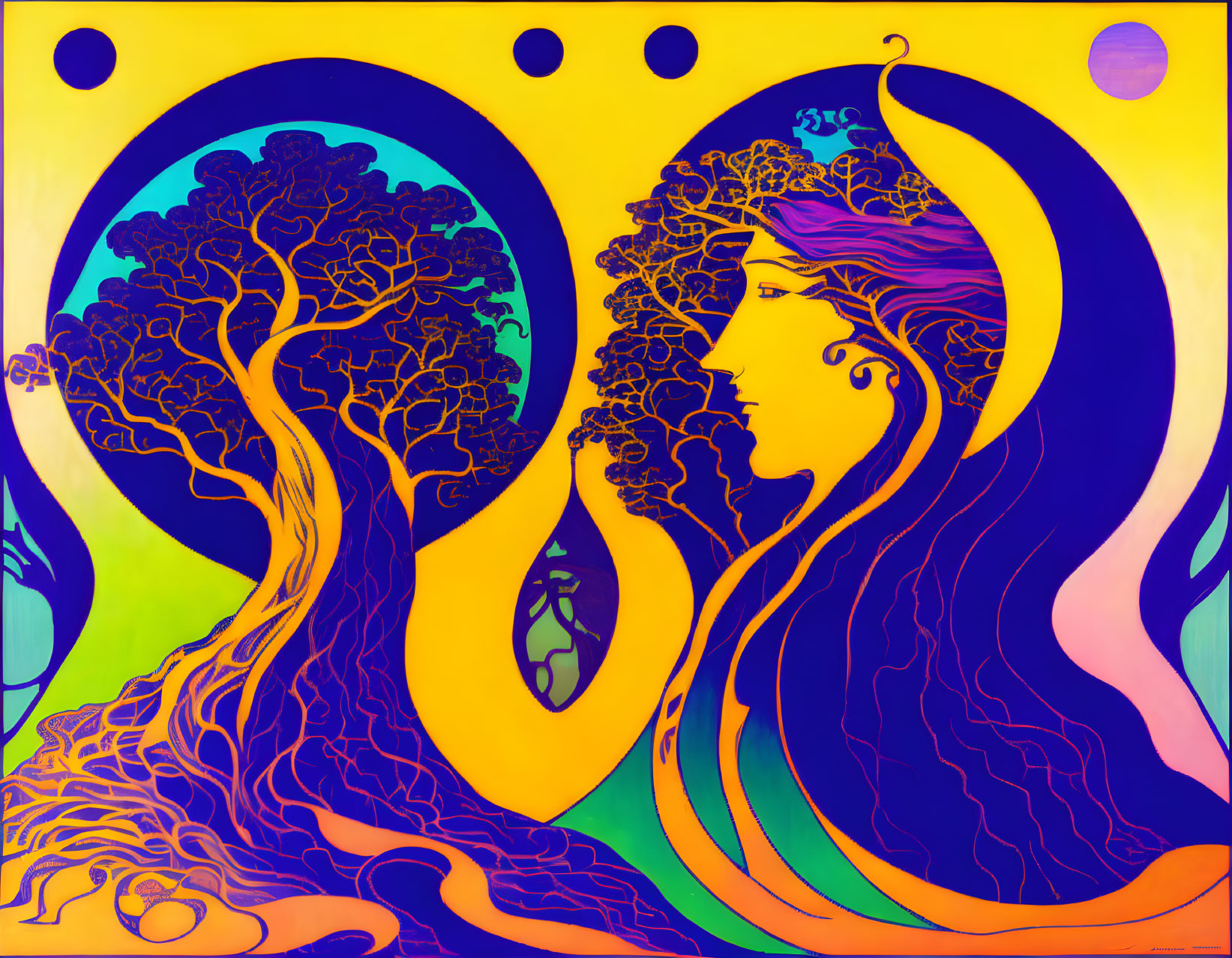 Woman's profile with flowing hair intertwined with a tree in vibrant psychedelic artwork