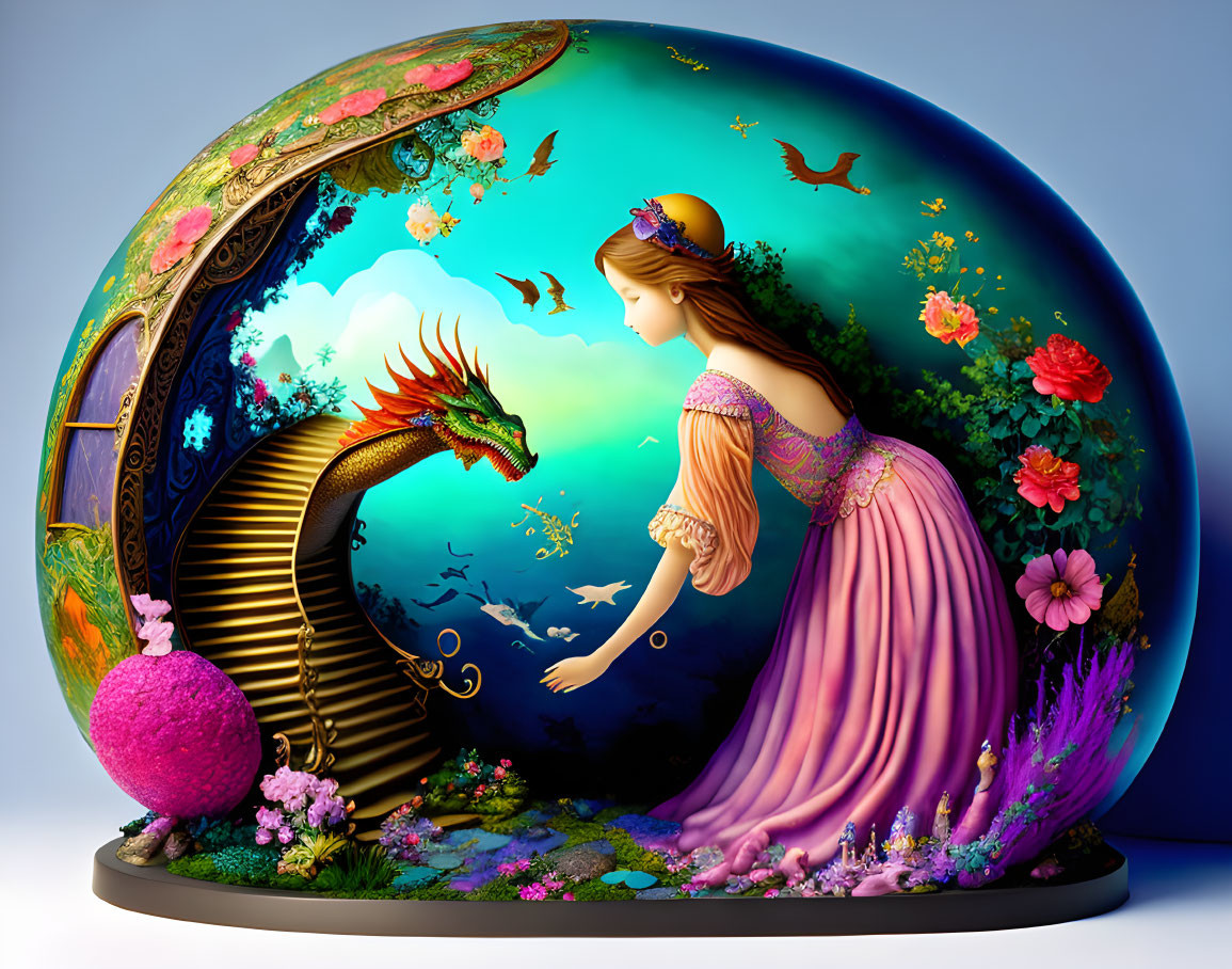 Princess and golden dragon in magical artwork