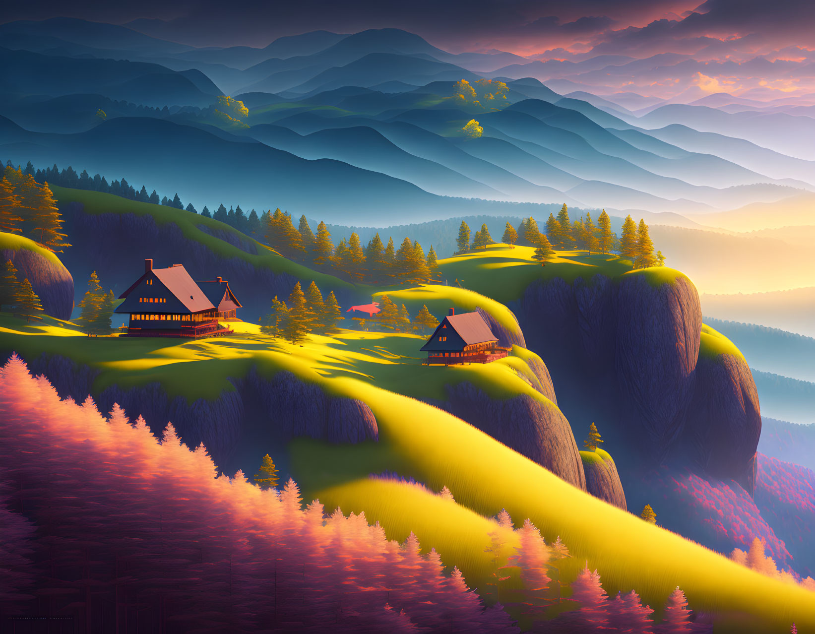 Scenic landscape: rolling hills, cottages, purple mountains, warm sunset glow