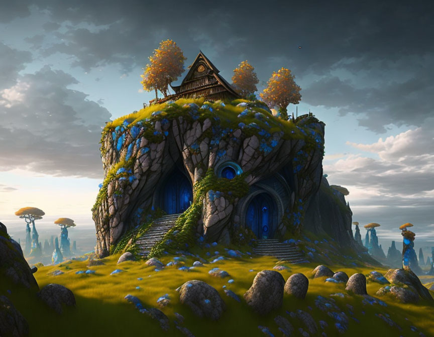 Mystical house in fantasy landscape with glowing blue doorways