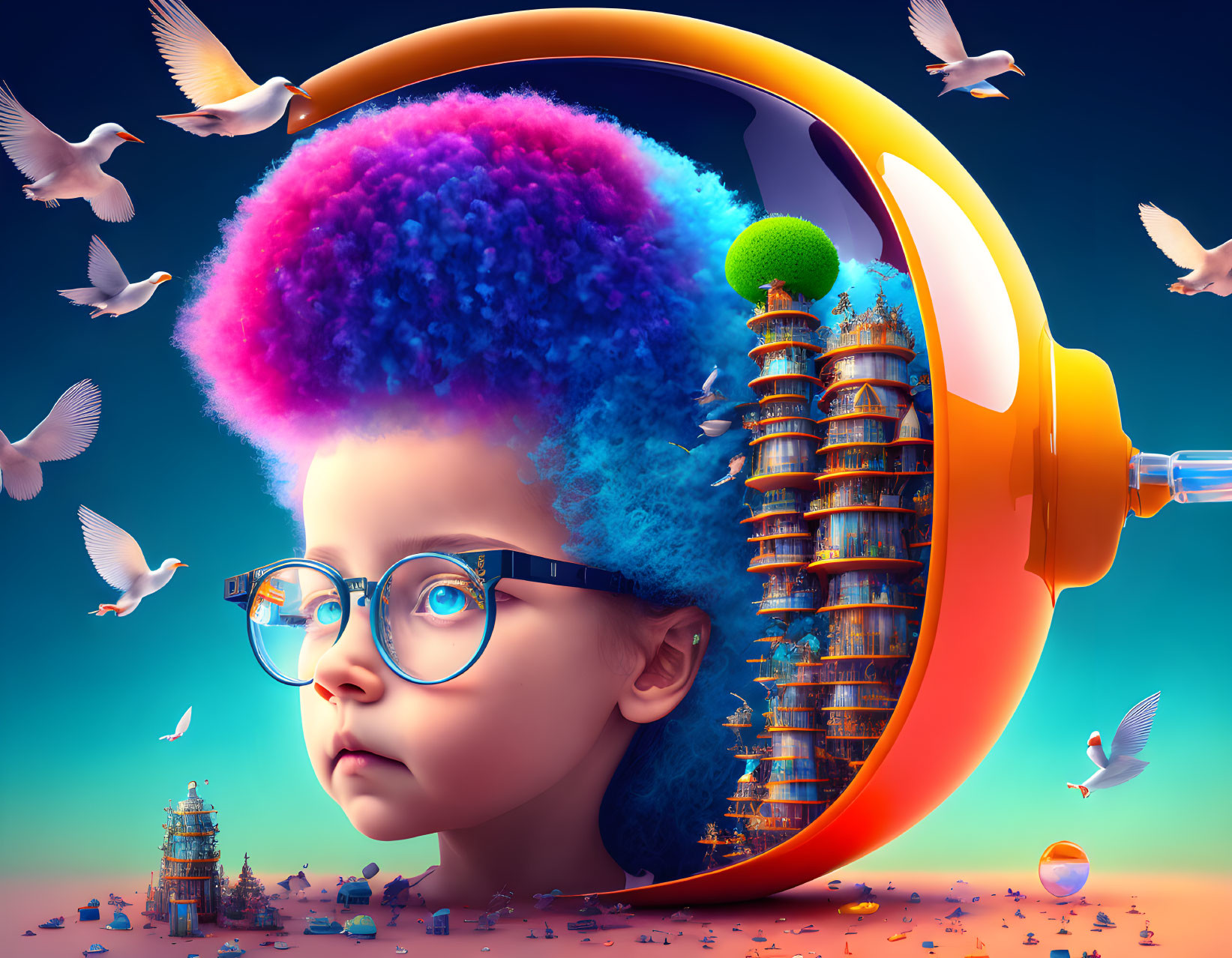 Child with open-head helmet in colorful miniature world with flying birds.