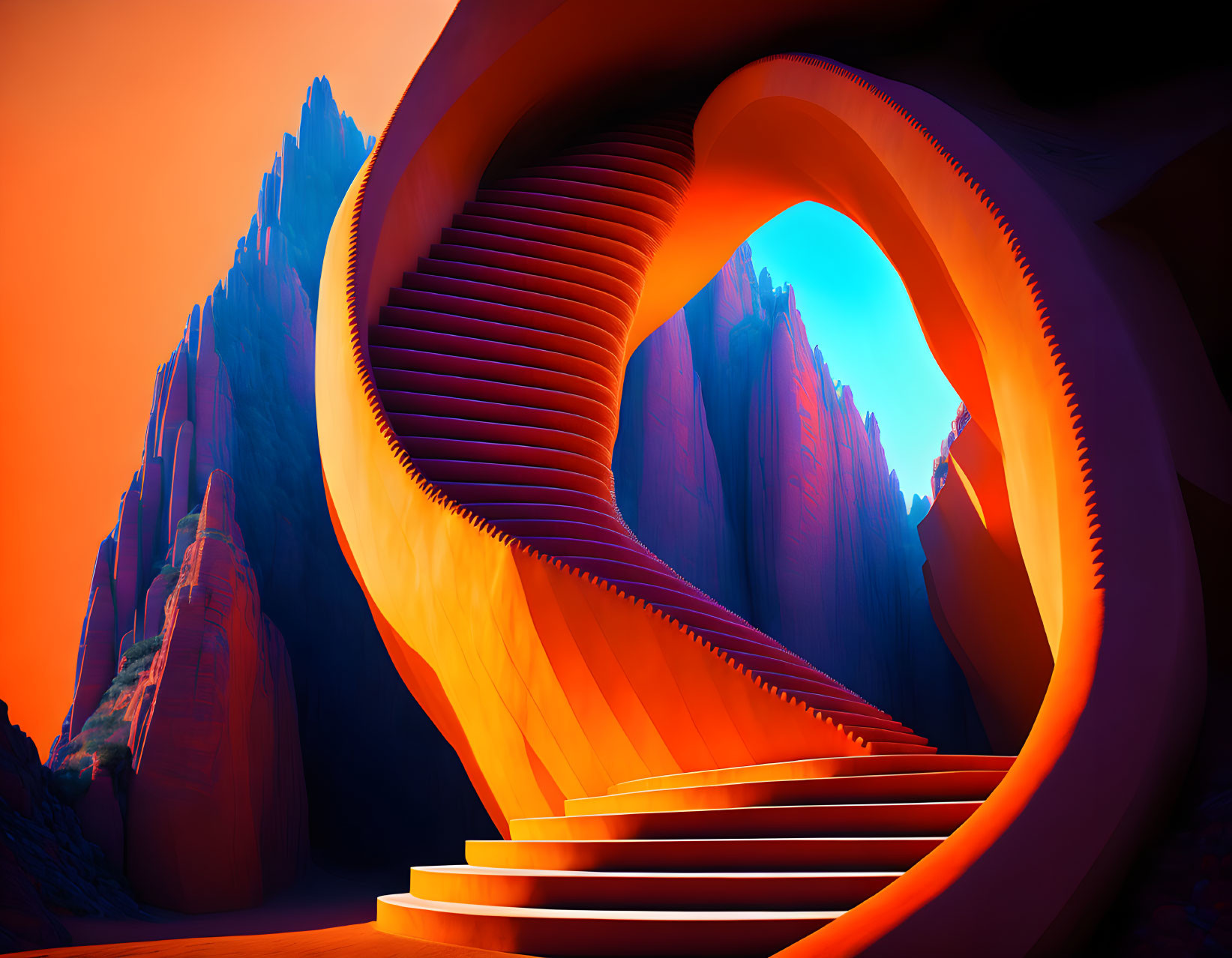 Surreal orange staircase in rocky crimson landscape