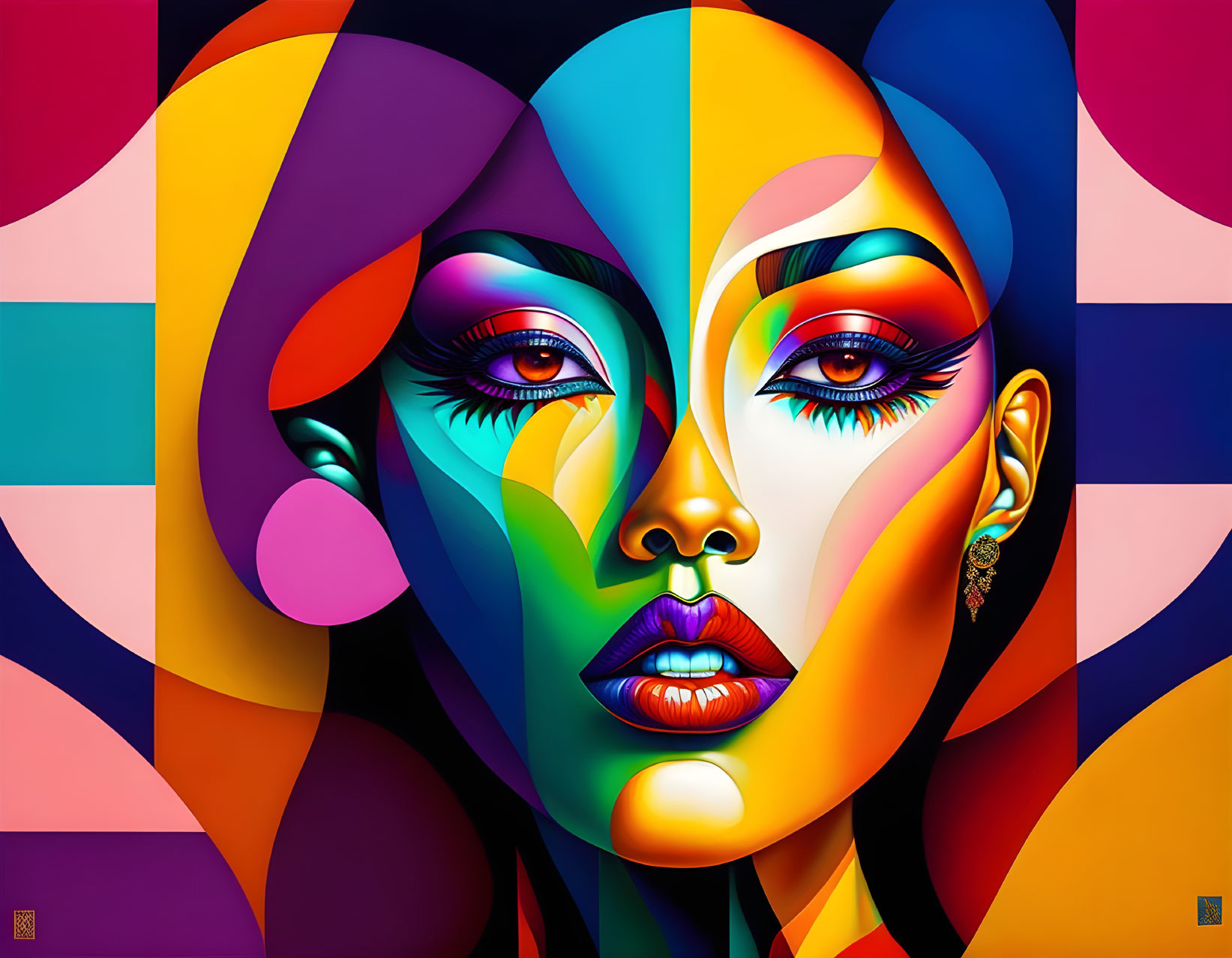 Colorful surrealist portrait of woman with abstract patterns and shapes on face