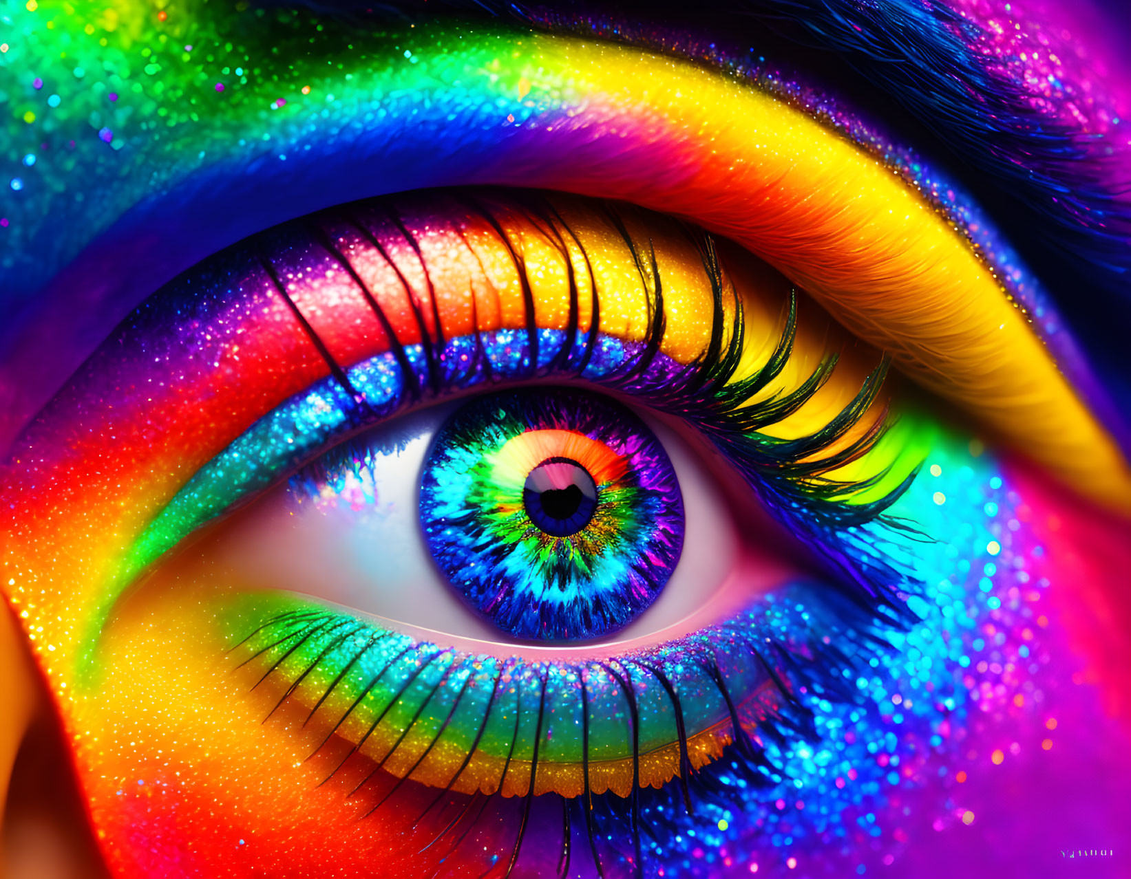 Vibrant rainbow-colored makeup on eye with blue iris