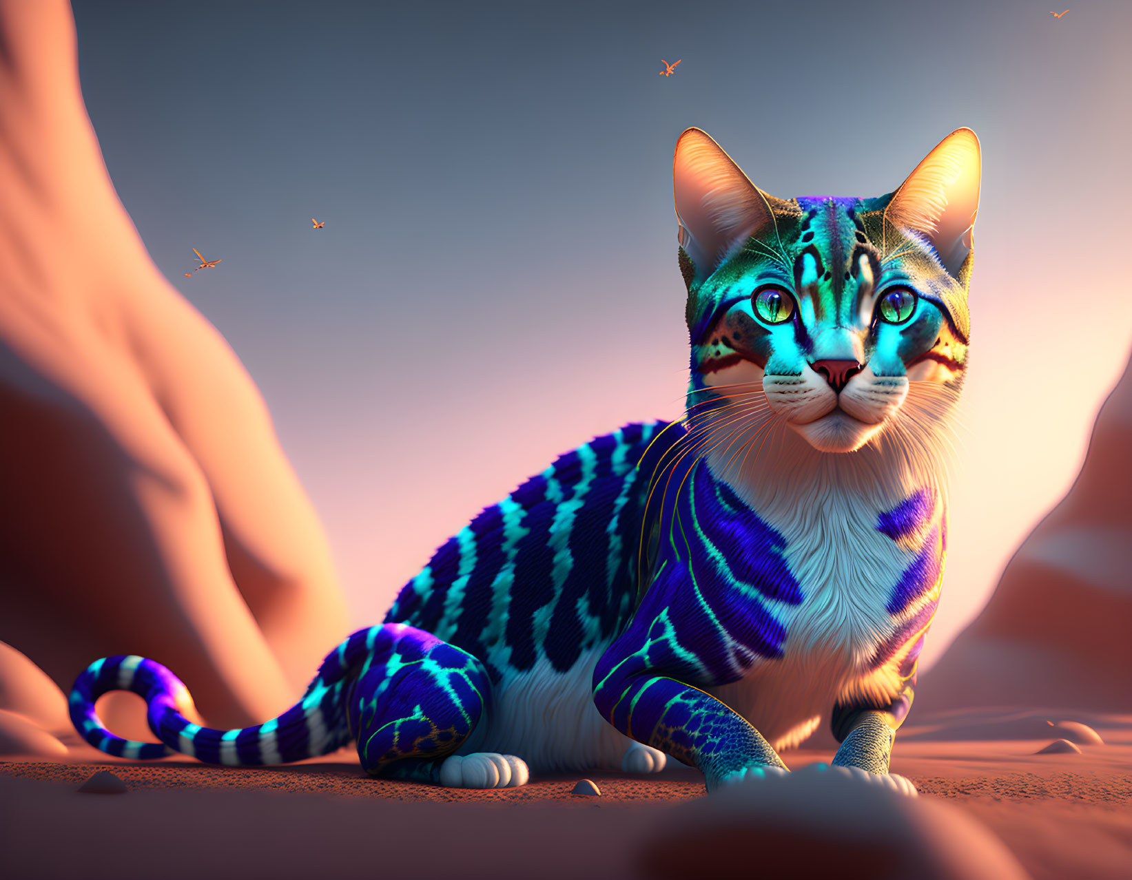 Digitally rendered cat with blue stripes in desert sunset.