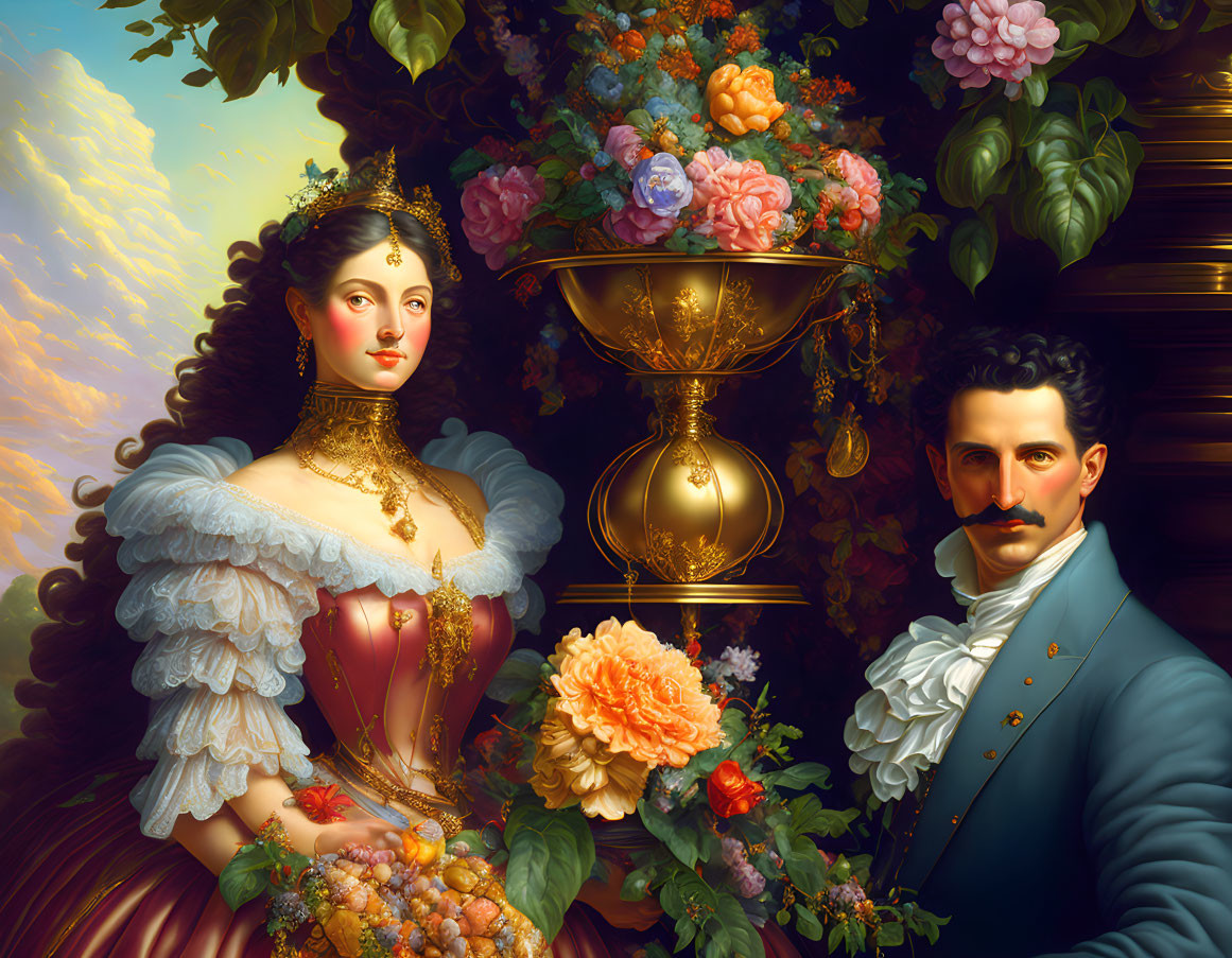 Victorian-era painting of woman and man in elaborate attire with flowers beside golden vase