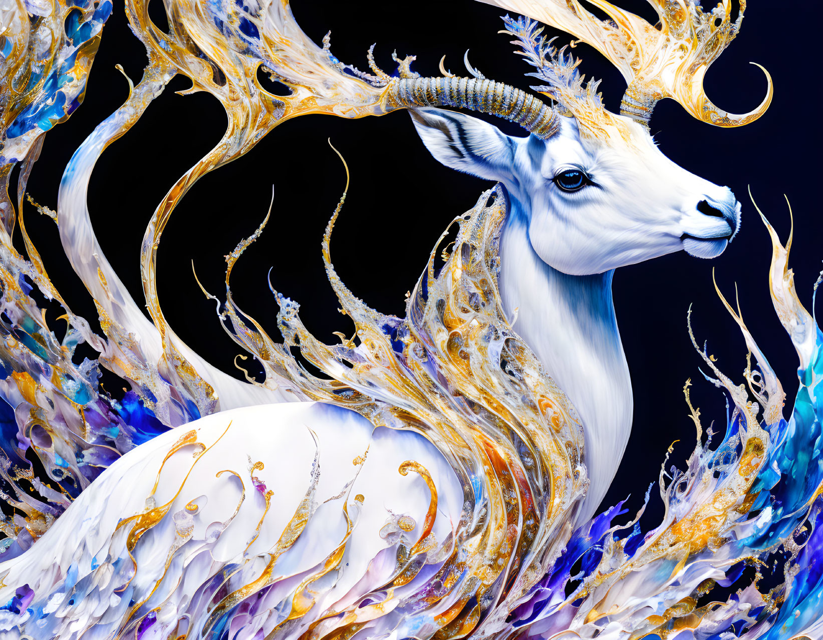 White Goat with Golden Horns in Swirling Blue and Gold Patterns