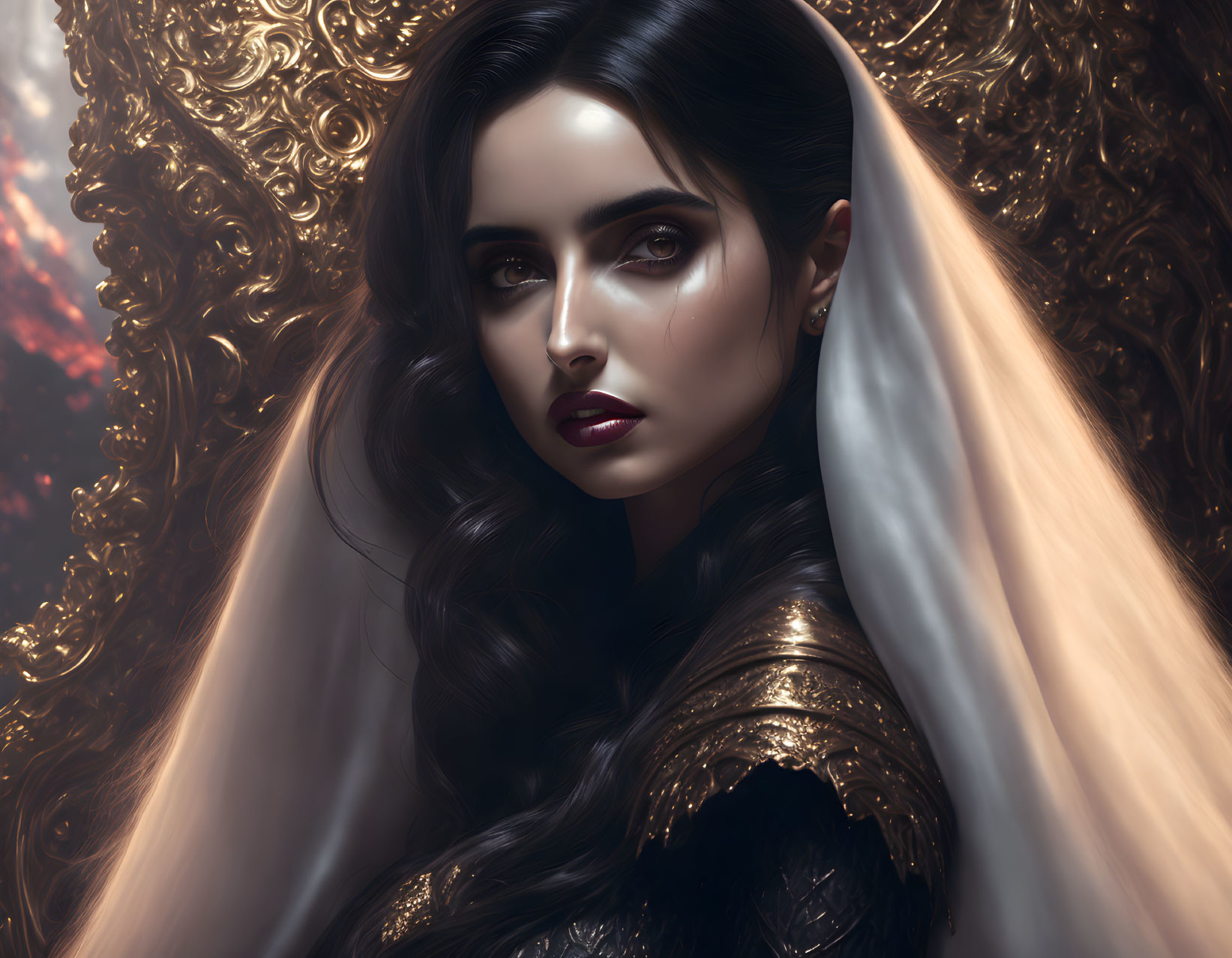 Digital artwork: Woman with dark hair in gold and white garment