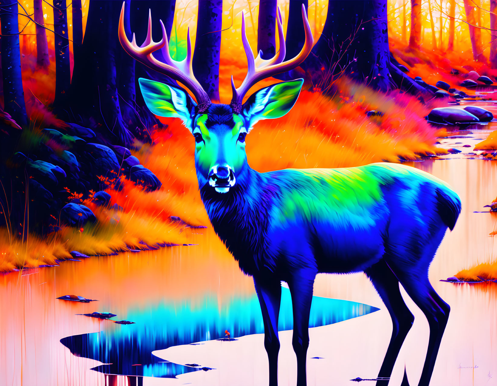 Colorful Digital Art: Stag in Neon-Lit Forest with Water Reflection