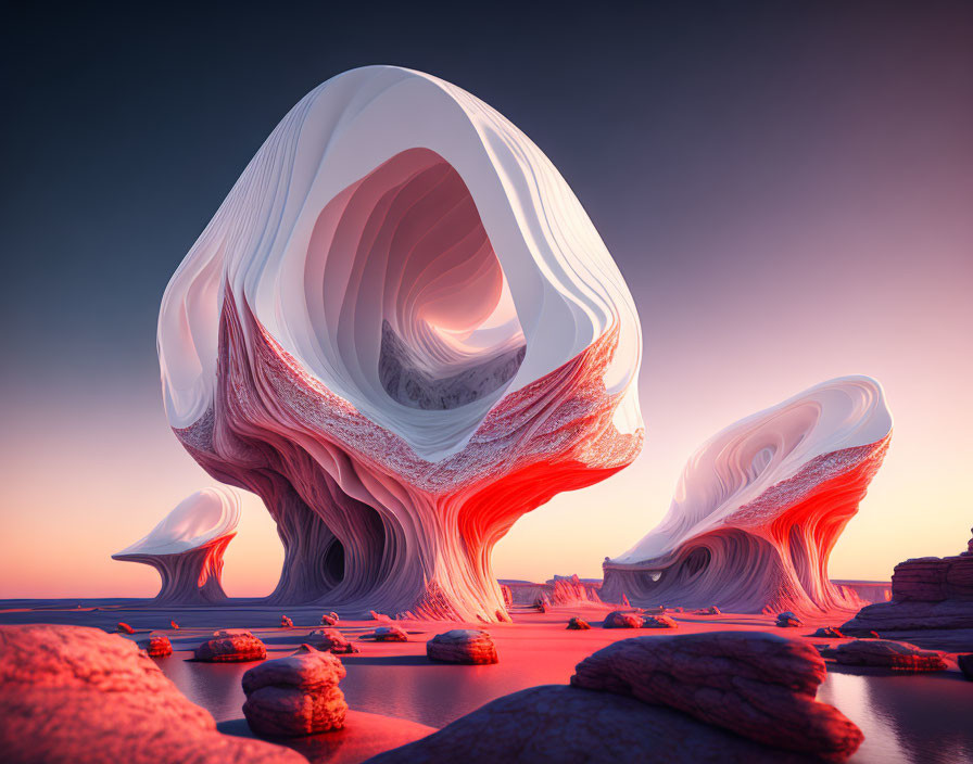 Surreal red and white rock formations in a purple dusk landscape