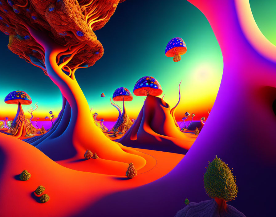 Colorful Psychedelic Landscape with Twisted Trees and Jellyfish-like Mushrooms