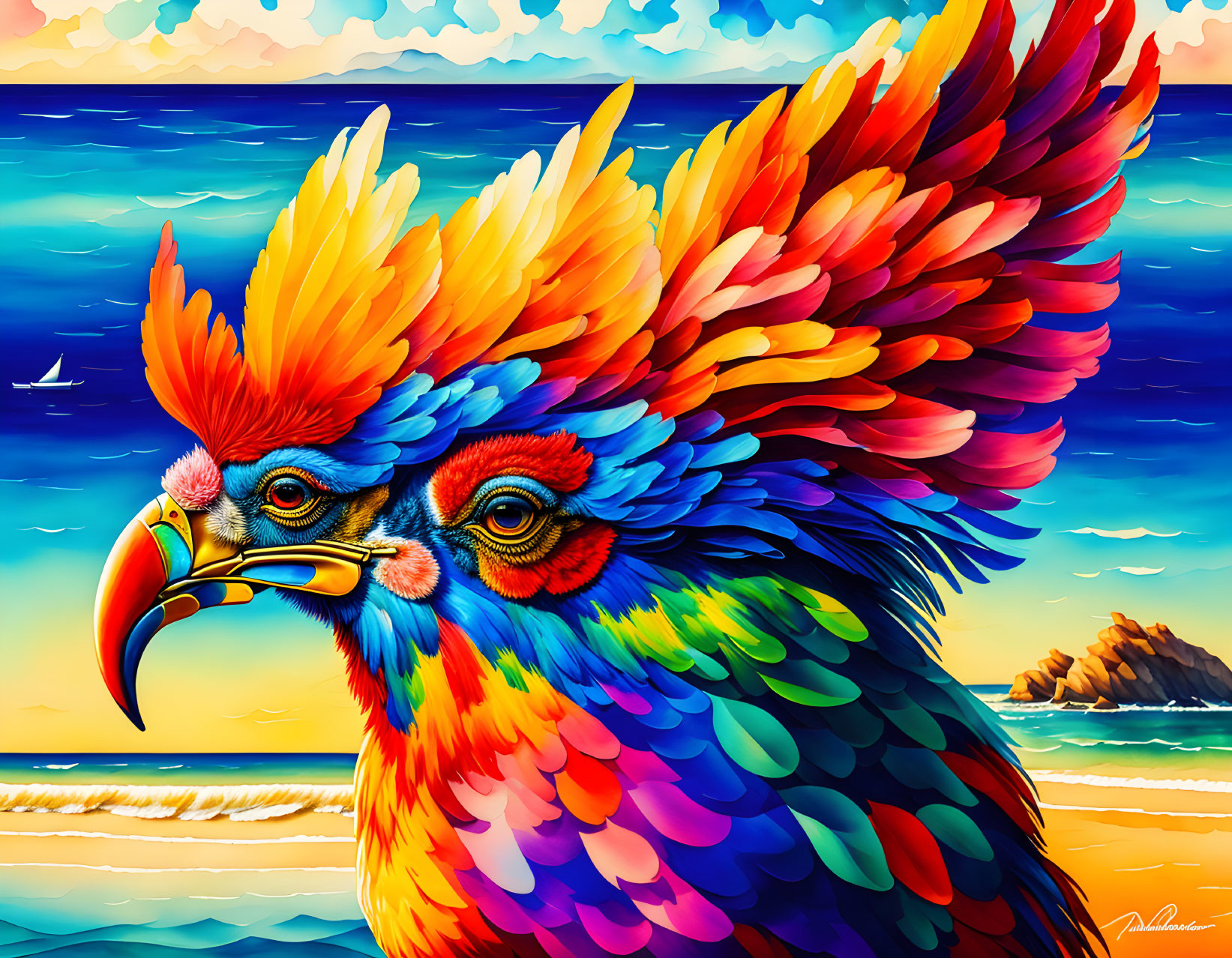 Colorful Bird Artwork Against Scenic Beach Backdrop