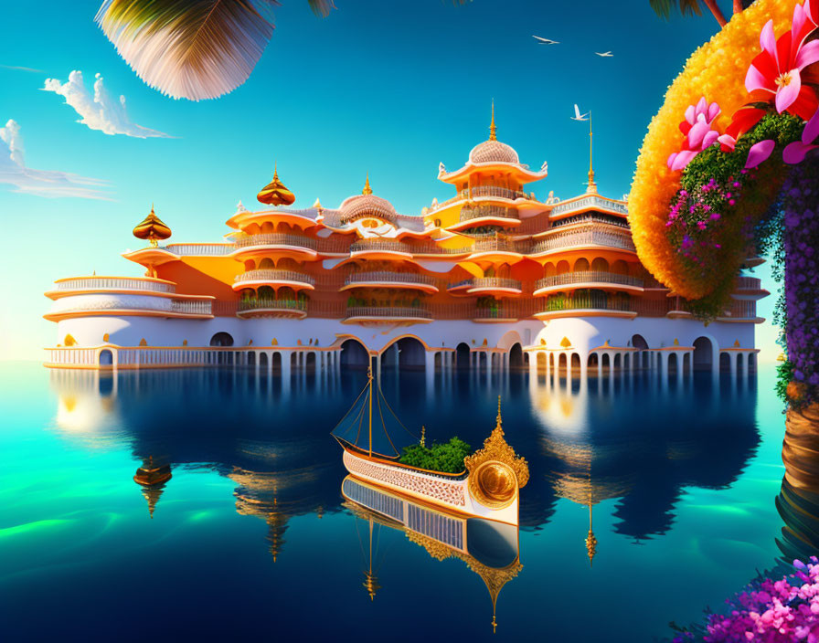 Fantastical Eastern palace on serene blue water with ornate boat