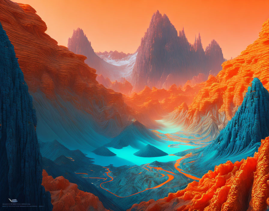 Colorful digital landscape with orange terrain, luminescent rivers, and misty peaks