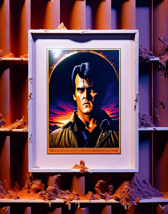 Stylized male character with pompadour and leather jacket in framed artwork shelf display