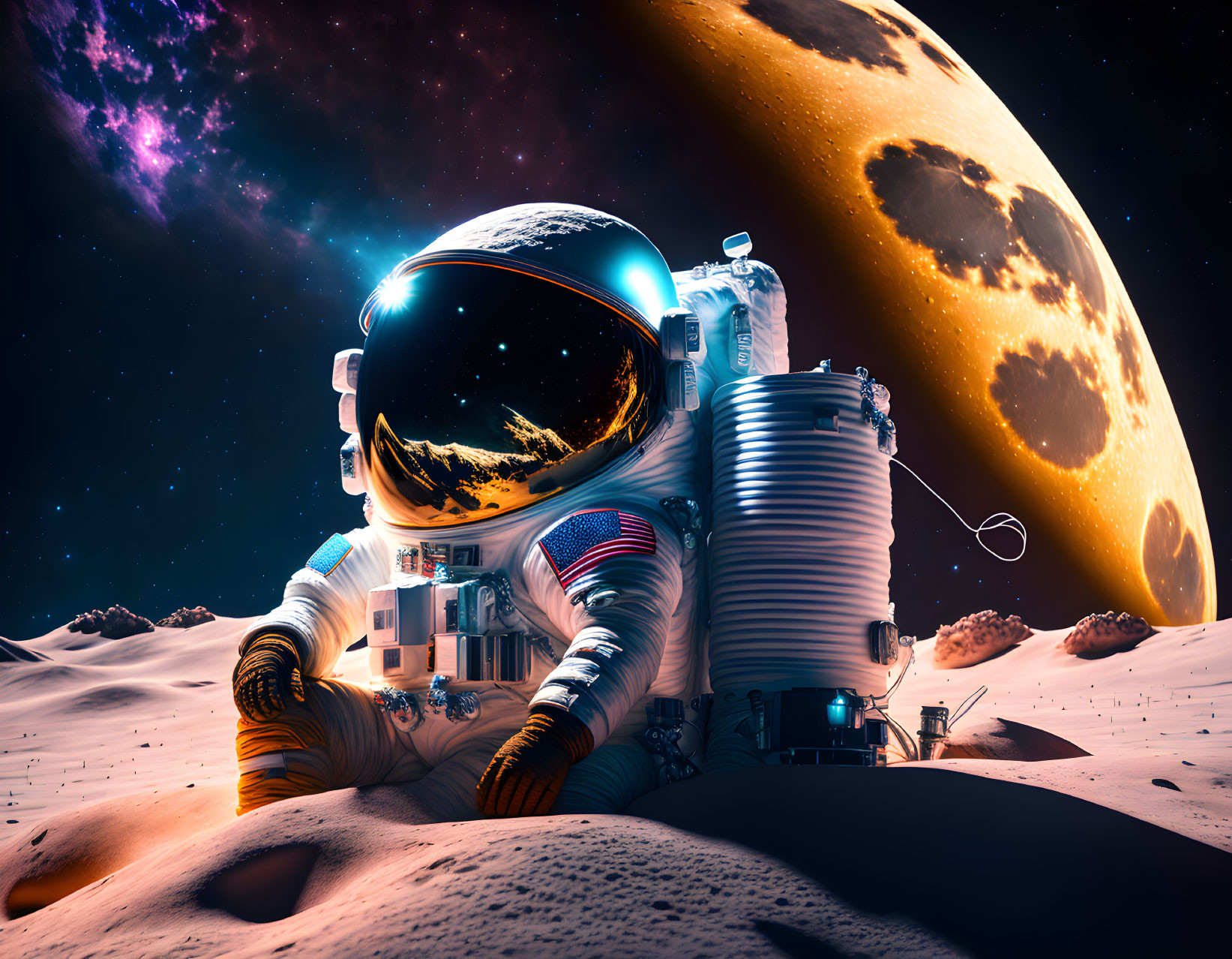 Astronaut kneeling on moon with planet backdrop and futuristic space gear